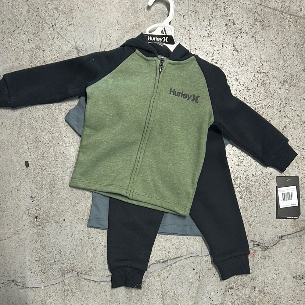 Hurley Green and Black Toddler Jacket Set 3 PIECE SET 12 MO NWT
